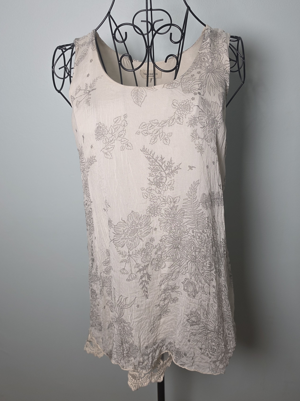 Via Signoria Made in Italy 100% Silk Floral Tank Top Lace Hem Size L